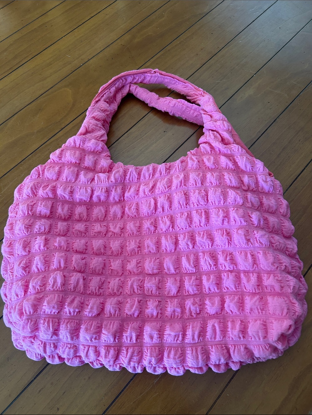 Pink Bubble Textured Ruched Mini Tote Bag | Soft Plush Shoulder Purse - Picture 2 of 3